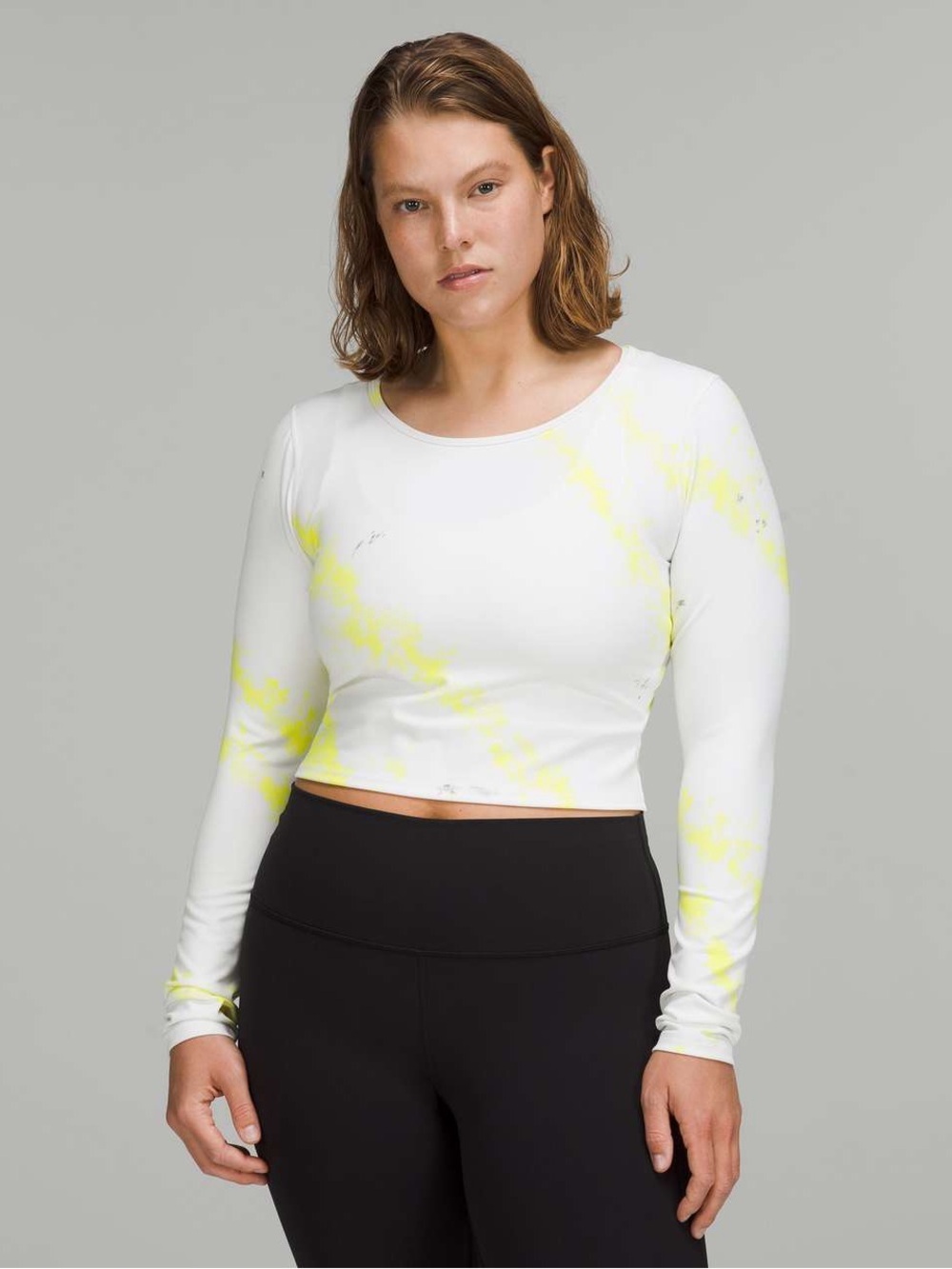 Lululemon Wunder Train Cropped LS Shirt Cross Court Wash/Electric Lemon Size 8